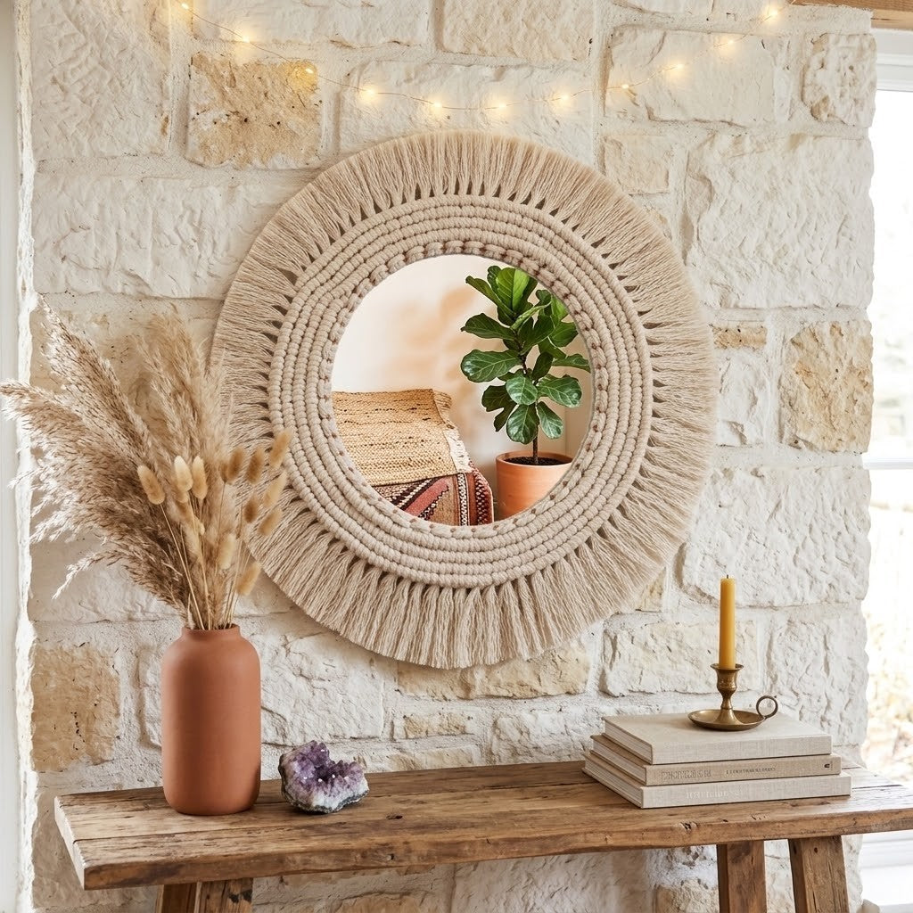A round bohemian-style woven macrame mirror with fringe, mounted on a rustic white stone wall above a wooden console table decorated with a terracotta vase of dried grasses, a crystal, books, and a candle.