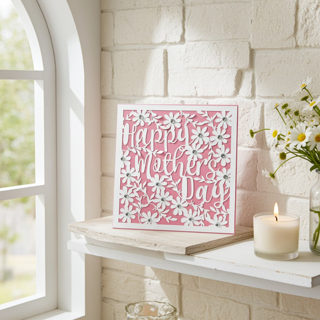 A square pink Mother's Day card with white floral patterns and the words 'Happy Mother's Day' in white script, displayed on a white shelf next to a lit candle and white daisies against a white brick wall.