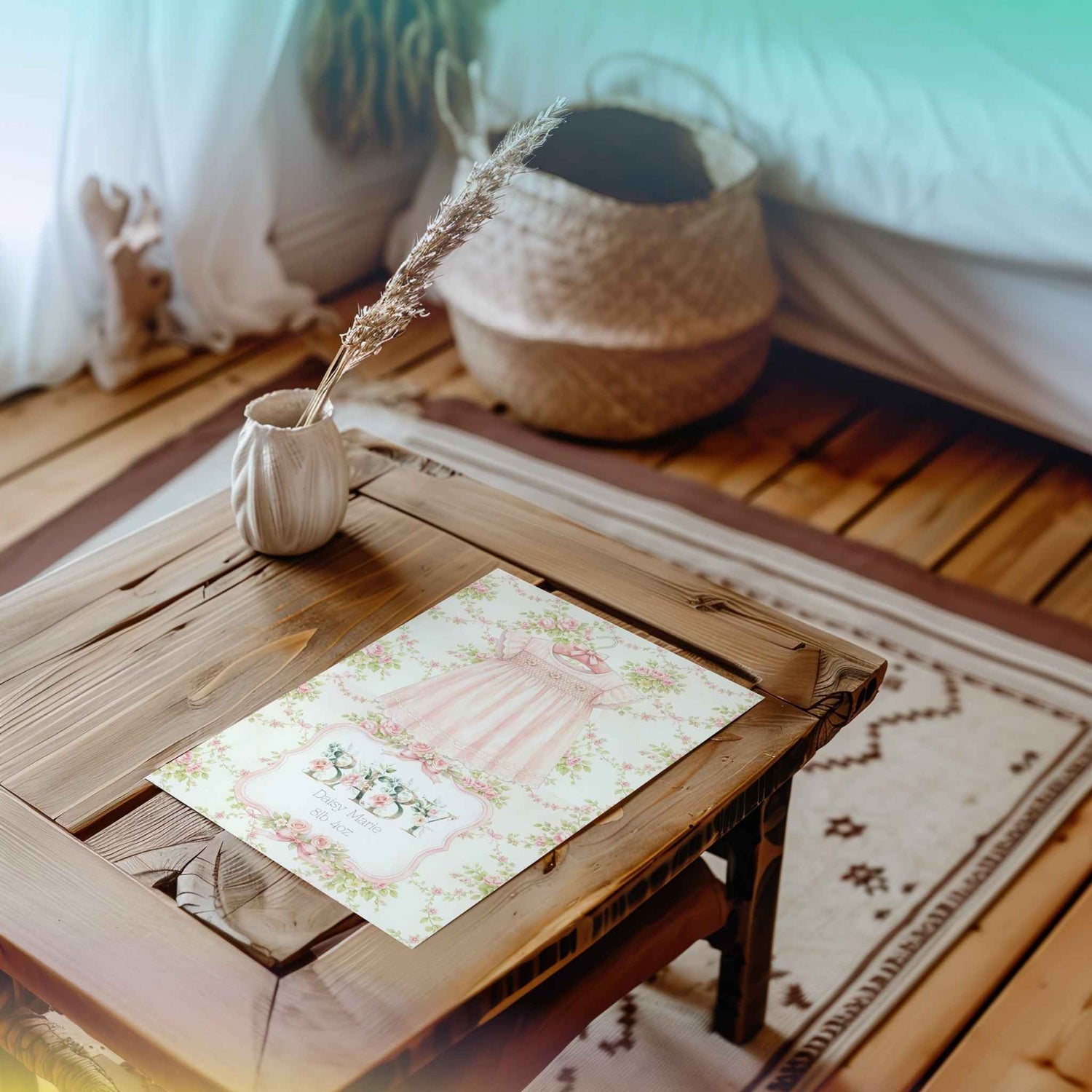 A styled tabletop scene in a real indoor room with wood flooring, a woven basket, sheer curtains, and a small vase with dried grass. On the table sits a printed card or art print featuring a soft pink dress illustration and the word 'BABY' in decorative lettering.