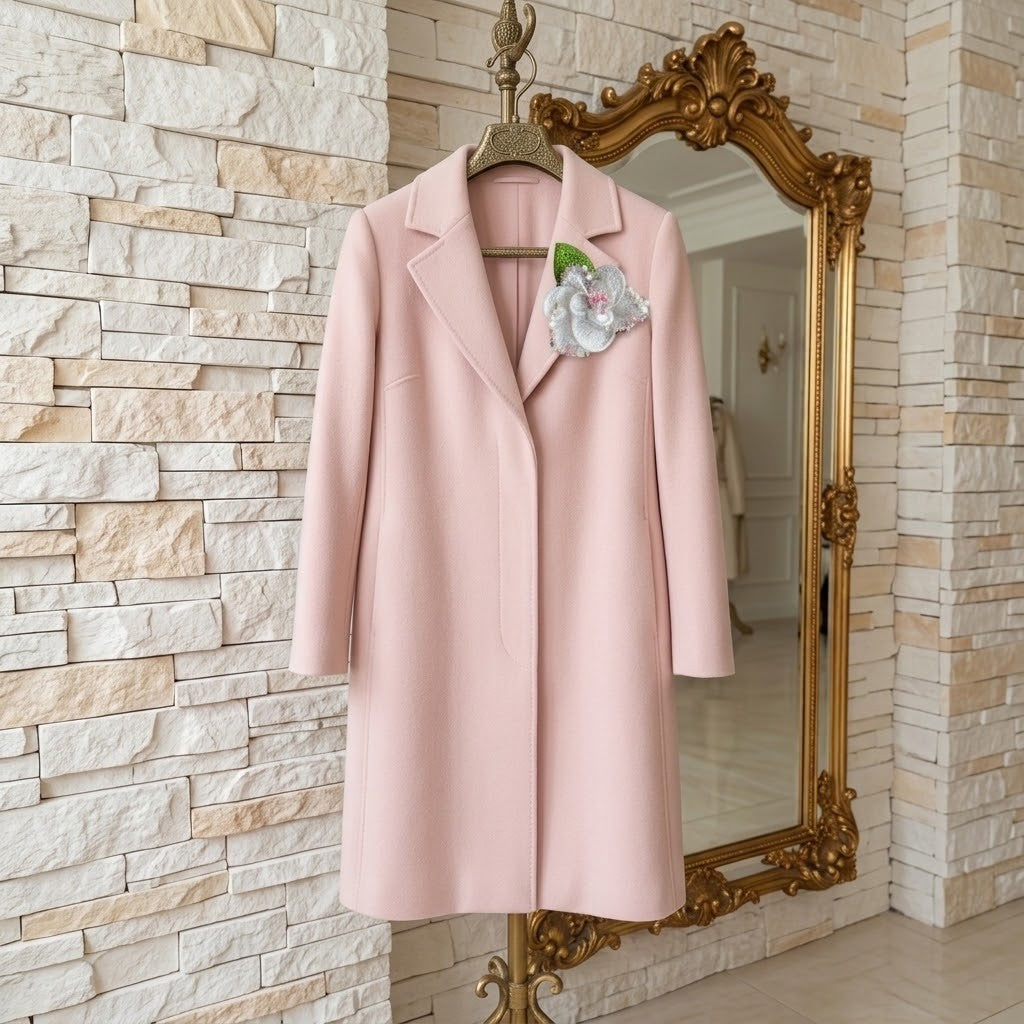 A light pink knee-length coat with notch lapels hangs on a gold hanger in front of an ornate gold mirror, styled with a white and pink floral brooch on the chest.