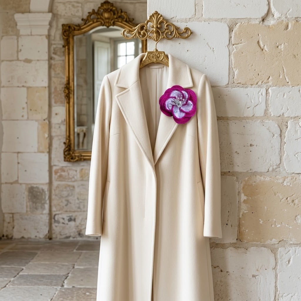 A long cream-coloured coat hangs on a gold hanger against a rustic stone wall, featuring a large purple and white fabric flower accessory pinned to the left lapel.