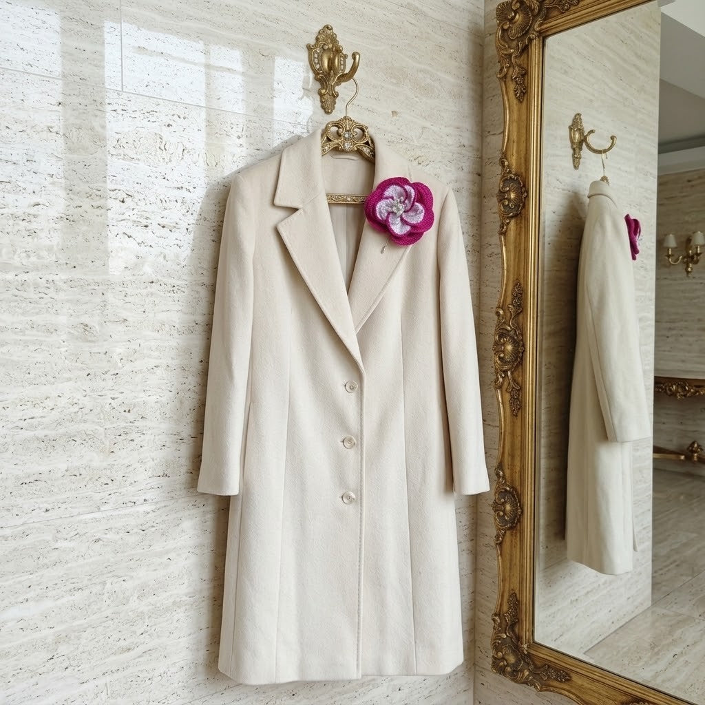 A cream-coloured wool coat with a notched lapel and three front buttons, hanging on a gold hanger against a beige marble wall. A decorative pink and purple flower brooch is pinned to the left lapel.