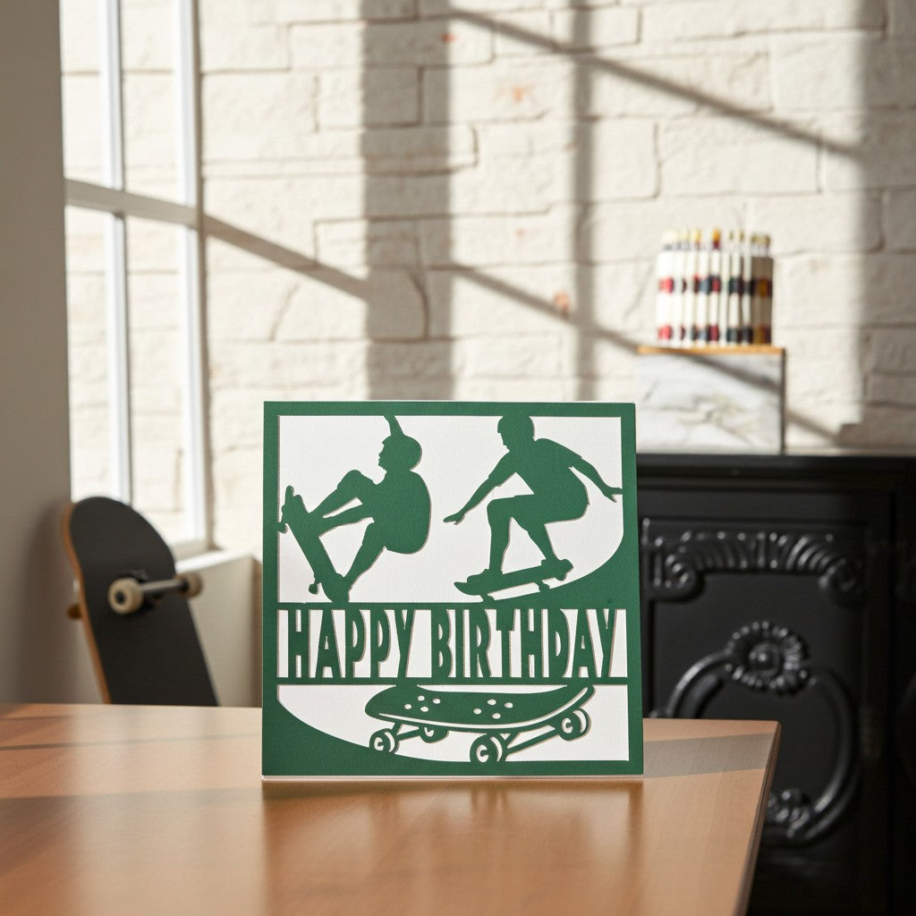 A square green and white 'Happy Birthday' greeting card featuring skateboarder silhouettes, displayed on a wooden table in a sunlit room with a brick wall and skateboard in the background.
