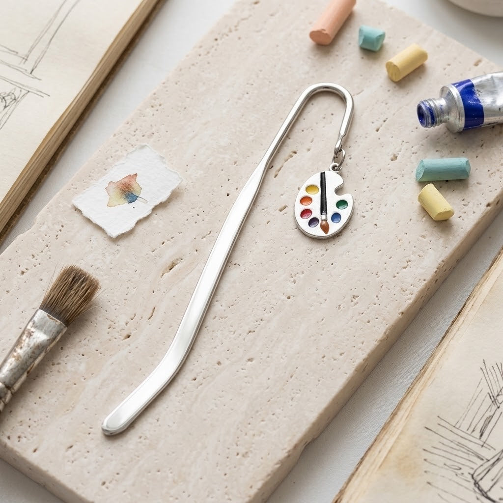 A silver metal bookmark shaped like a paint palette, displayed on a textured beige stone slab with art-themed props including a paintbrush, chalk pieces, and sketchbooks.