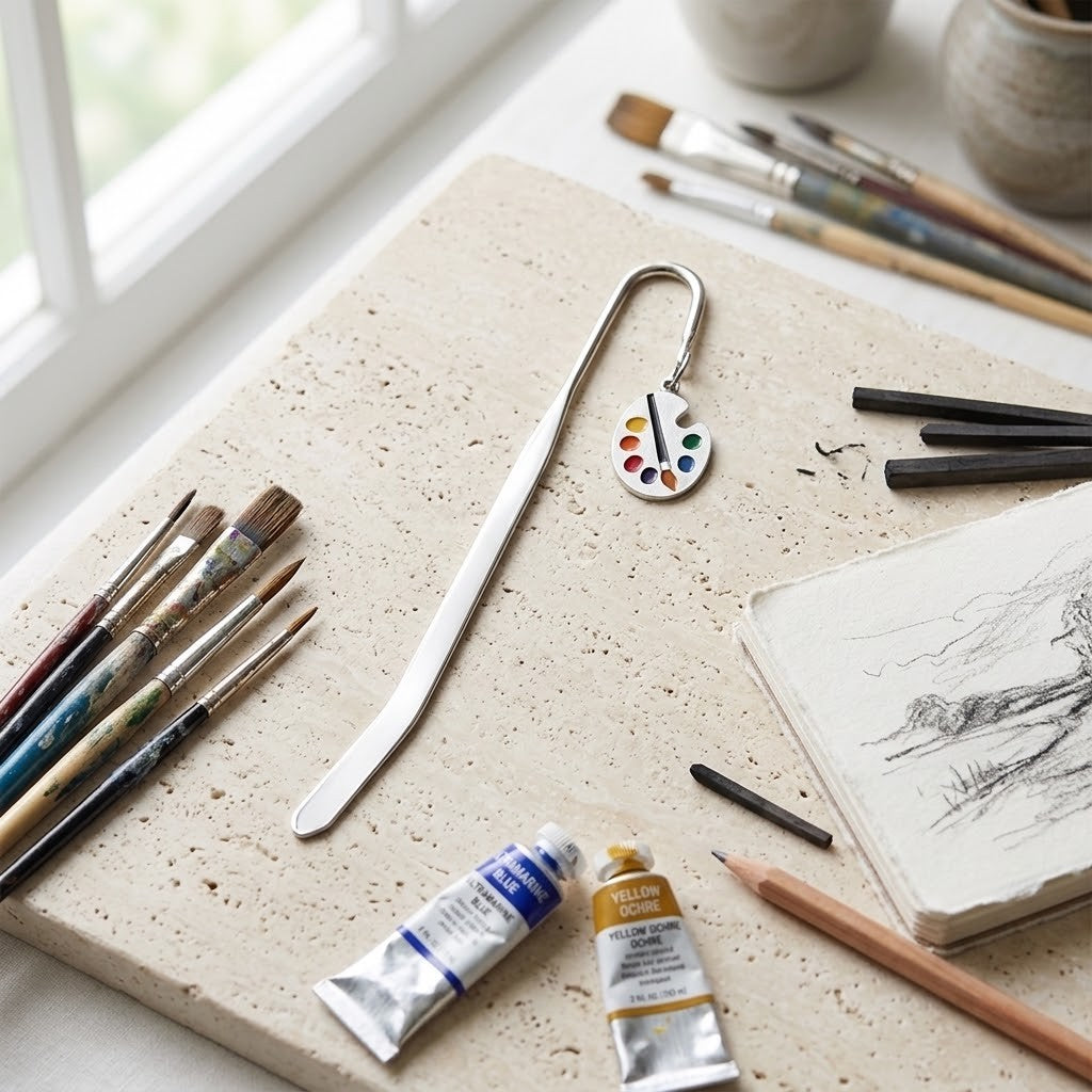 A silver metal bookmark shaped like a paint palette with a multicolour paint wheel, displayed on a textured stone slab surrounded by art supplies including paintbrushes, tubes of paint, a pencil, and a sketchbook.