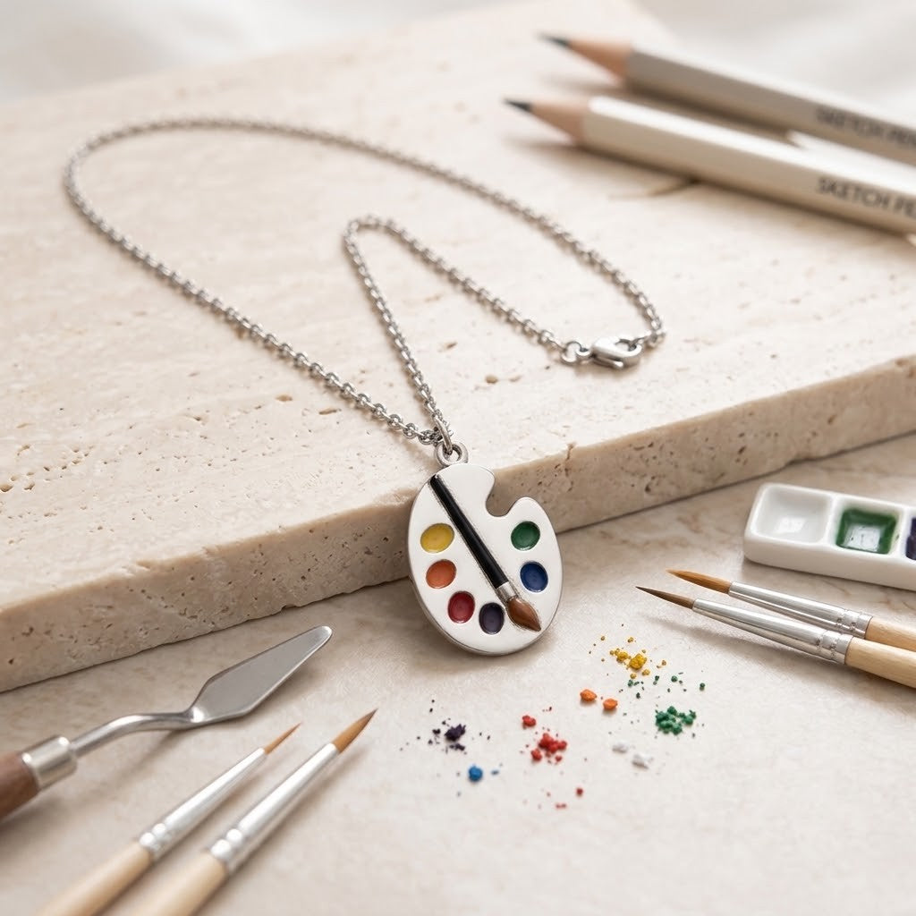 A silver necklace with a paint palette pendant lies on a light stone slab, surrounded by art supplies including pencils, brushes, a palette, and paint dust.