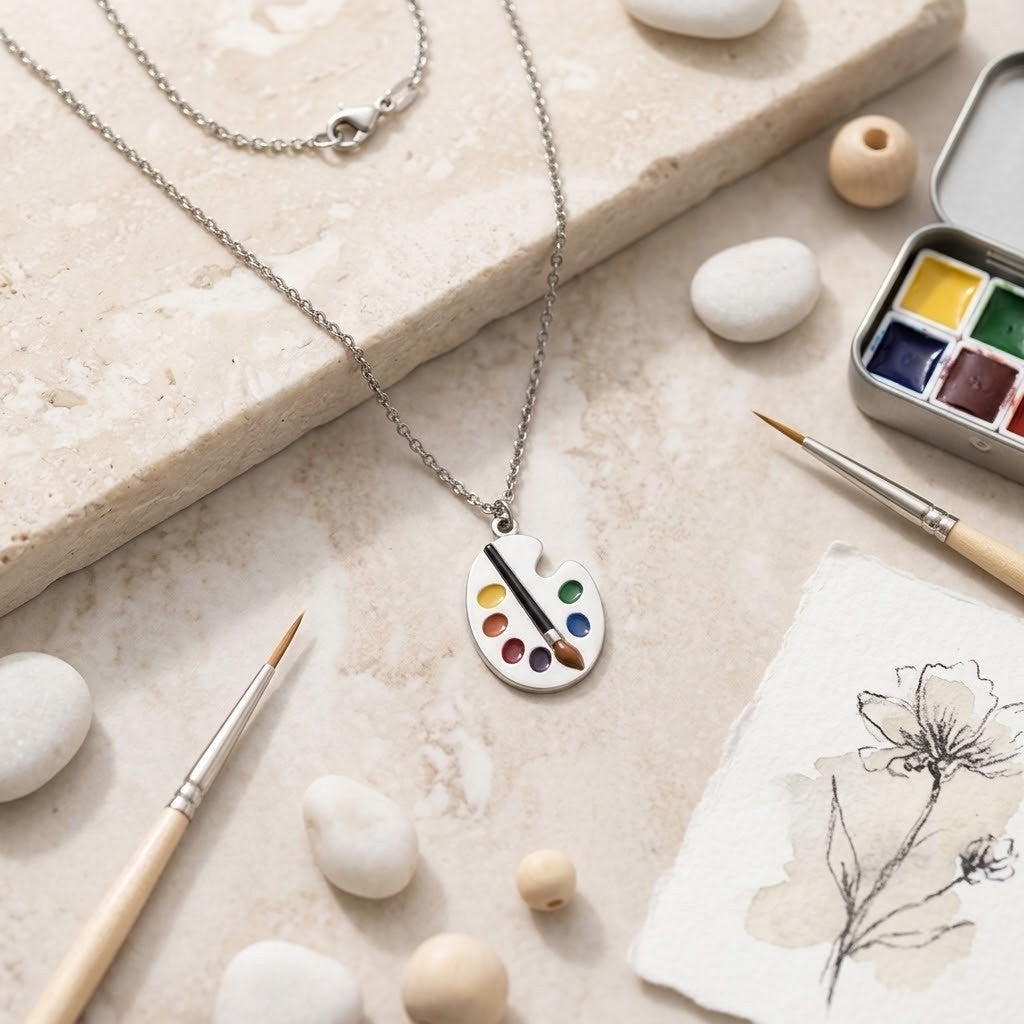 Artist paint palette necklace on a pale beige stone background with paint and brushes