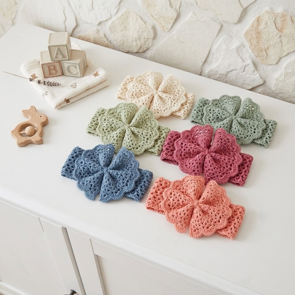 Six crocheted baby hair bows in pastel shades of blue, green, pink, and peach, arranged on a white dresser next to baby blocks and a wooden teething toy.