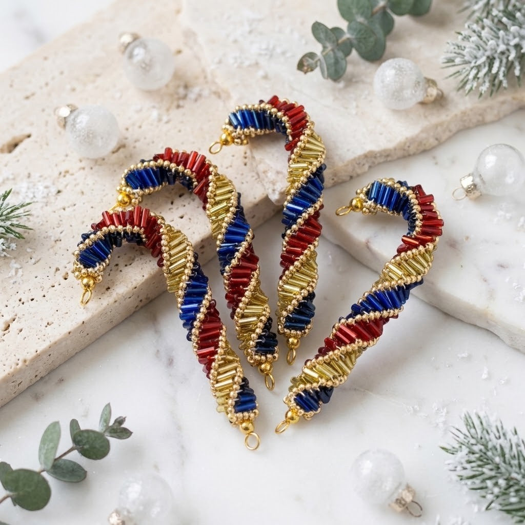 Four beaded candy cane ornaments in red, white, and blue, styled on a marble surface with holiday greenery and clear glass ornaments.
