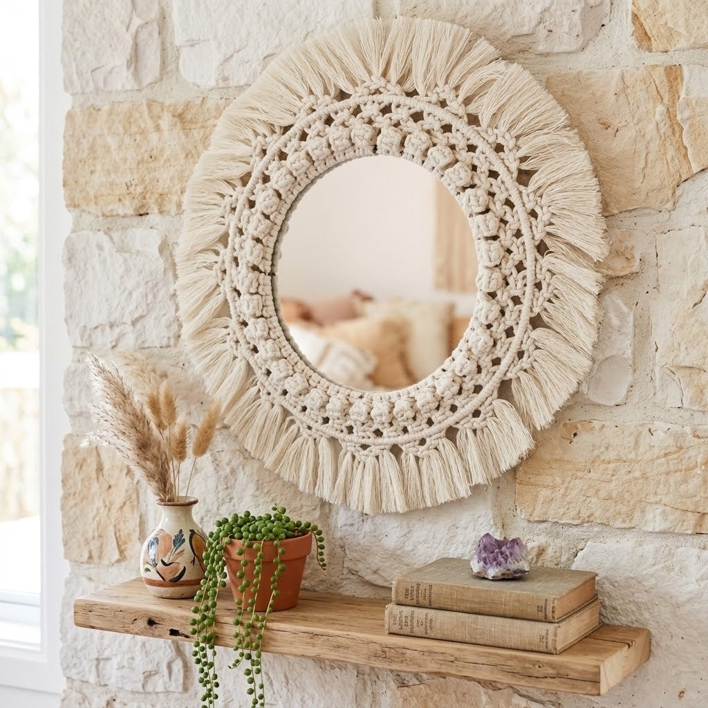 A round bohemian-style macrame mirror with a thick woven beige cord and fringe, mounted on a rustic stone wall above a wooden shelf with dried grass, a small plant, and books.