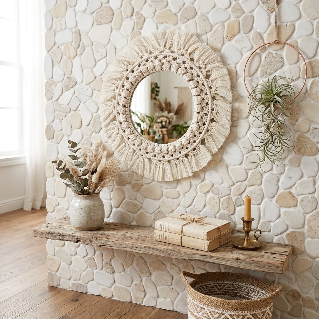 A boho-style round macrame mirror with a fringed border hangs on a light beige stone wall above a rustic wooden shelf. The shelf holds a ceramic vase with dried grasses, a wrapped book, and a brass candle holder.