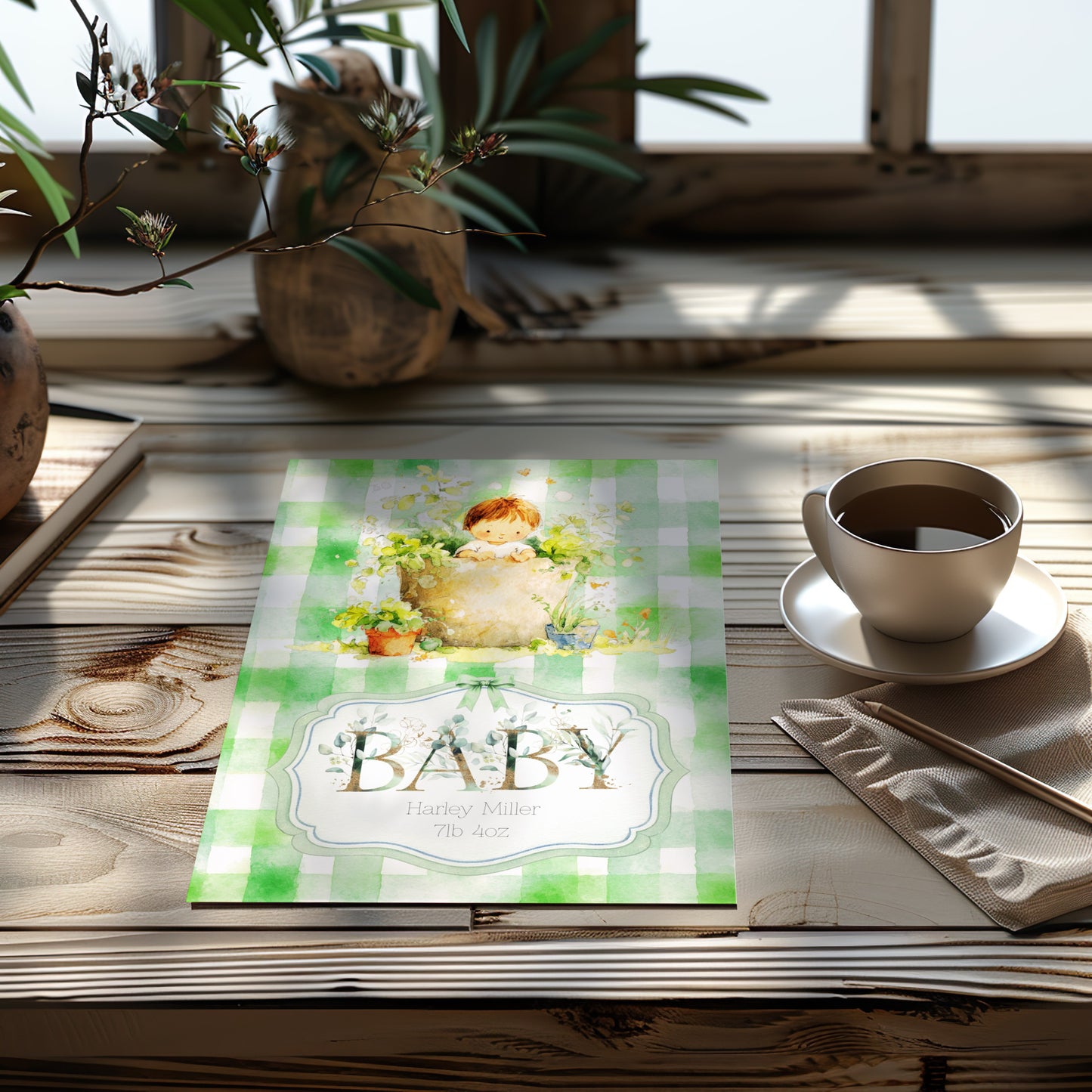 A baby card with a green and white gingham pattern and a watercolour illustration of a baby in a basket, displayed on a rustic wooden table next to a cup of coffee.