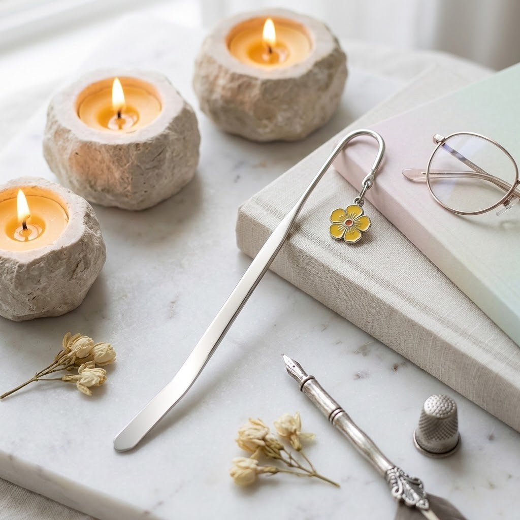 A silver metal bookmark with a small yellow flower charm lies on a light marble surface beside books, glasses, dried flowers, and three lit candle holders.