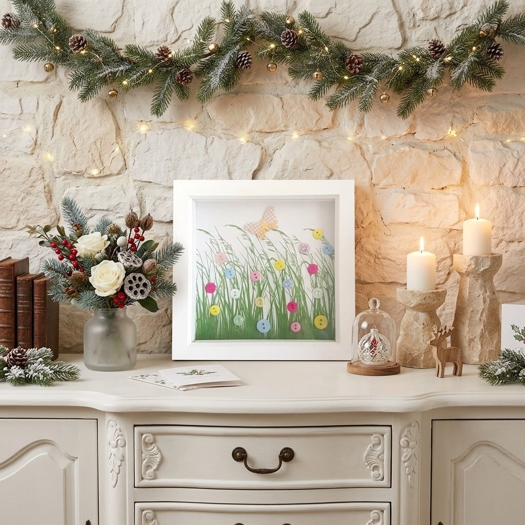 A framed art print featuring a colourful meadow with a butterfly, styled on a white wooden console table against a rustic stone wall with holiday garlands, candles, and a flower arrangement.