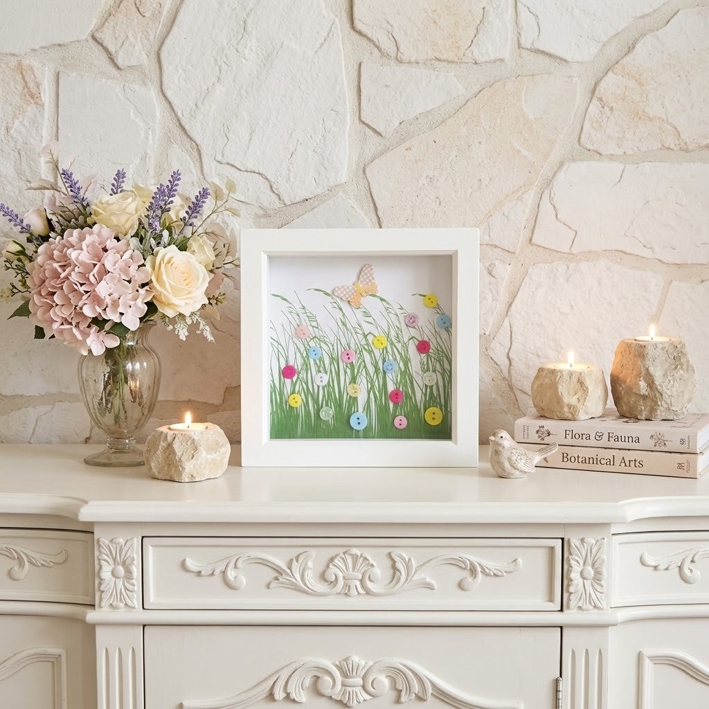 A framed art print featuring a colourful wildflower meadow with a butterfly, styled on a white carved cabinet against a stone wall background.