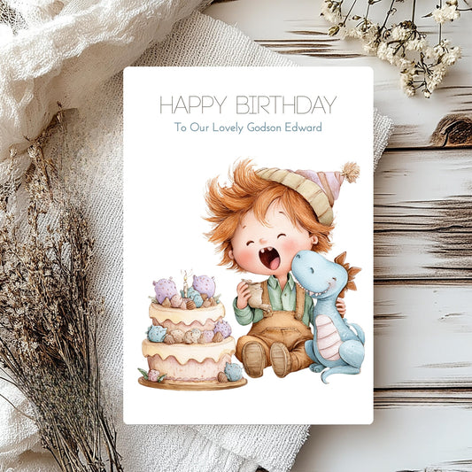 Personalised godson card with a little boy cake and a dinosaur illustrations.