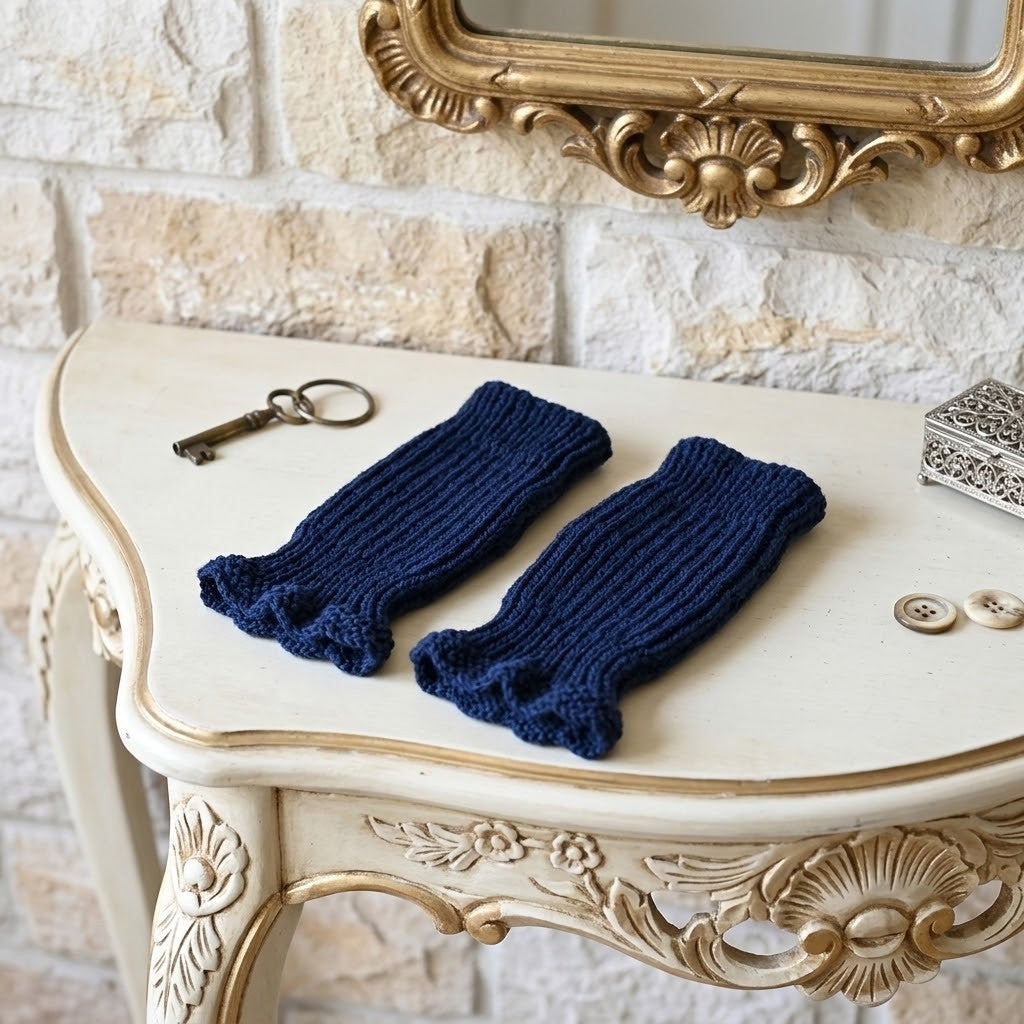 A pair of navy blue hand-knit fingerless gloves with ruffled edges, displayed on a distressed cream-colored console table next to a vintage key.