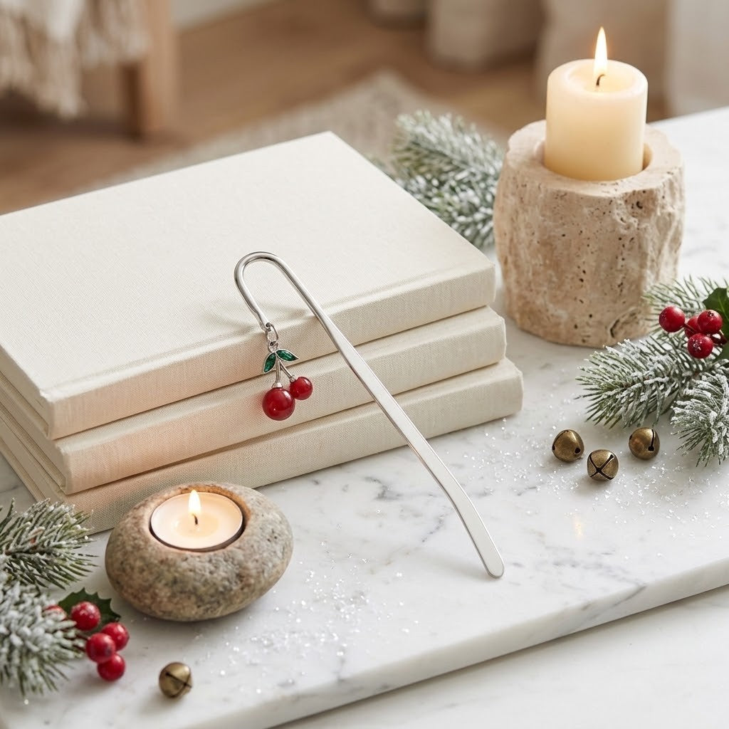 A silver metal bookmark shaped like a cherry branch with two red berries hangs from a stack of cream-coloured books on a white marble surface. The scene is styled with a lit candle in a stone holder, more candles, evergreen branches with red berries, and small gold bells.