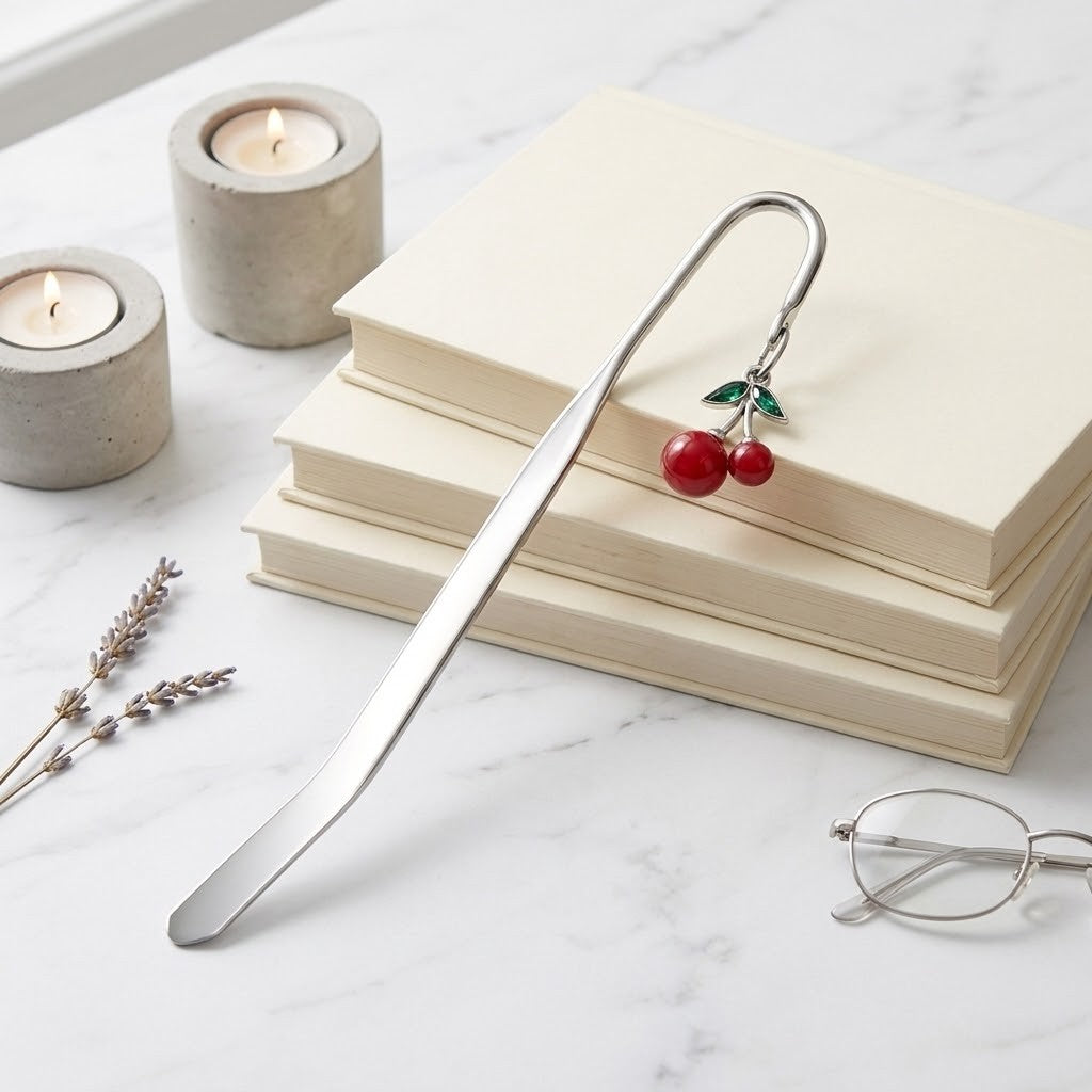 A silver metal bookmark shaped like a cherry branch with red cherries and green leaves, resting on a stack of cream-coloured books on a white marble surface. Two lit candles in concrete holders, dried lavender sprigs, and a pair of eyeglasses are arranged around it.