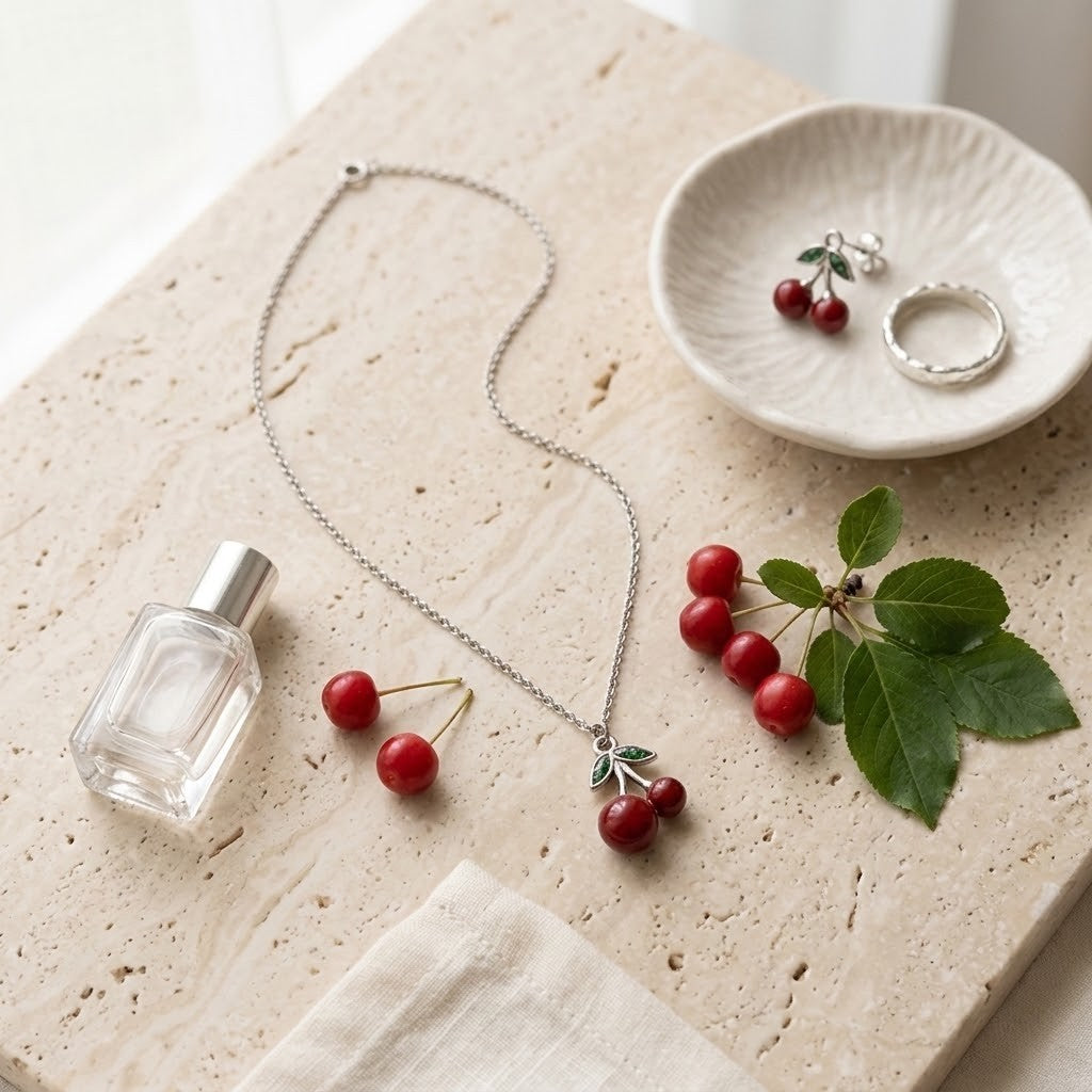 A silver necklace with a cherry pendant is arranged on a light stone surface alongside matching cherry earrings in a small white dish, a clear perfume bottle, and red cherries with green leaves.
