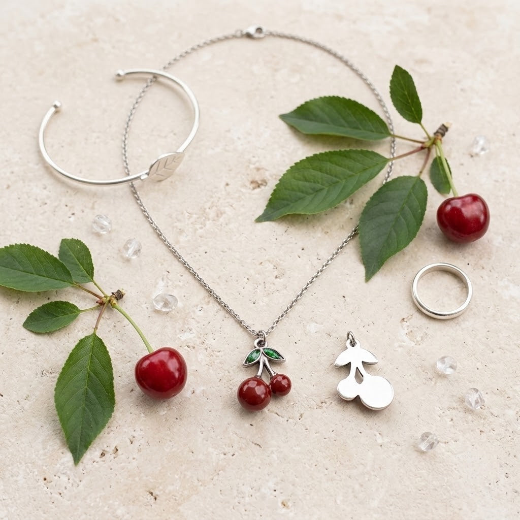 A styled flat-lay of jewellery on a light beige stone surface, featuring a silver-tone chain necklace with a cherry pendant, a silver-tone ring, a silver-tone cuff bracelet, and silver-tone cherry charms, arranged with red cherries and green leaves.