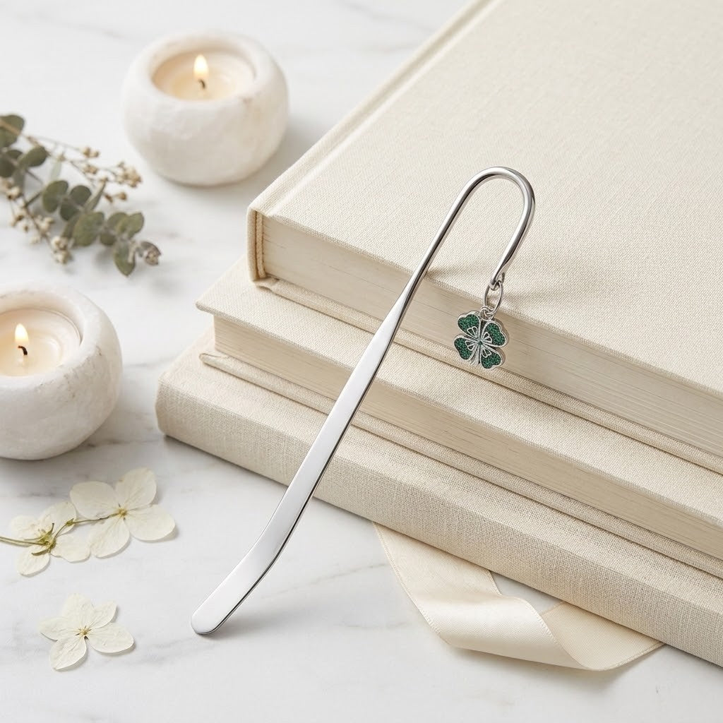A silver metal bookmark with a small green clover charm, resting on a stack of cream-coloured books on a light marble surface with lit candles and dried flowers.