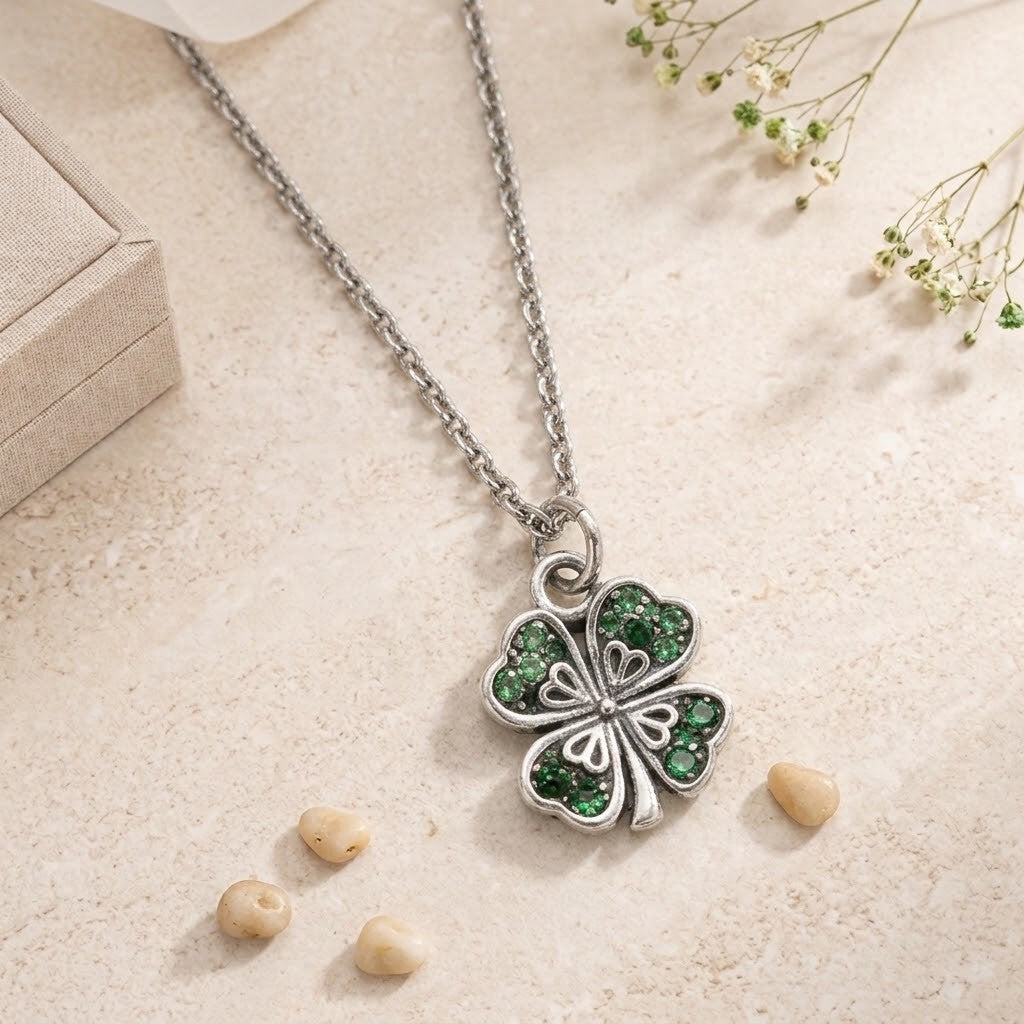 A silver-tone clover pendant necklace with green rhinestone accents, displayed on a textured beige surface with small decorative flowers and a gift box.