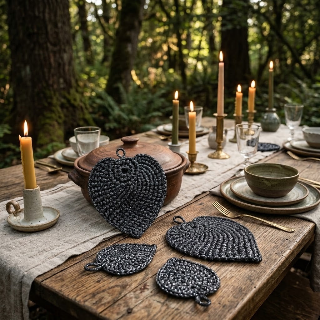 A rustic outdoor dining table set in a forest, featuring dark charcoal woven leaf-shaped placemats, a matching bowl, a terracotta lidded pot, and lit candles on a linen runner.