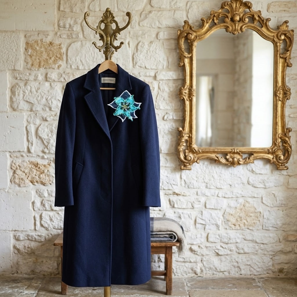 A navy blue wool coat hangs on a wooden hanger from an ornate brass coat rack, decorated with a blue and white embroidered star-shaped brooch. The setting is a rustic room with a white stone brick wall, featuring a large gold-framed mirror on the right and a small wooden bench below.