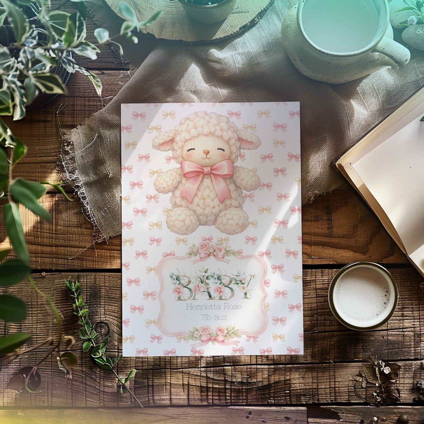 A baby card featuring a cute lamb with a pink bow and the word 'BABY' in floral letters, styled in a rustic flat-lay on a wooden table with a mug, book, and greenery.