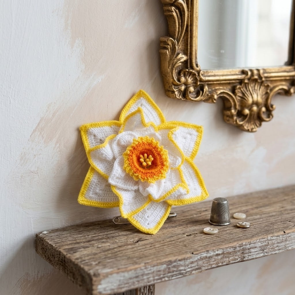 A crocheted daffodil brooch in yellow and white, displayed on a rustic wooden shelf next to a gold-framed mirror.