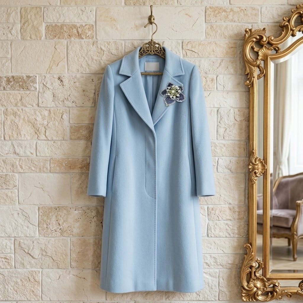 A light blue knee-length coat with notched lapels hangs on a decorative gold hanger against a beige stone wall, with an ornate gold mirror partially visible on the right and a floral brooch pinned near the chest.