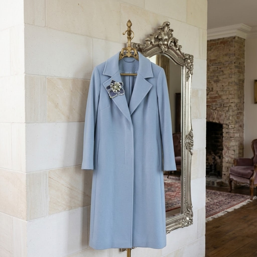 A light blue wool coat hangs on a gold hanger against a cream stone wall, next to an ornate silver mirror. The coat features a notched lapel with a decorative brooch pinned to the lapel.