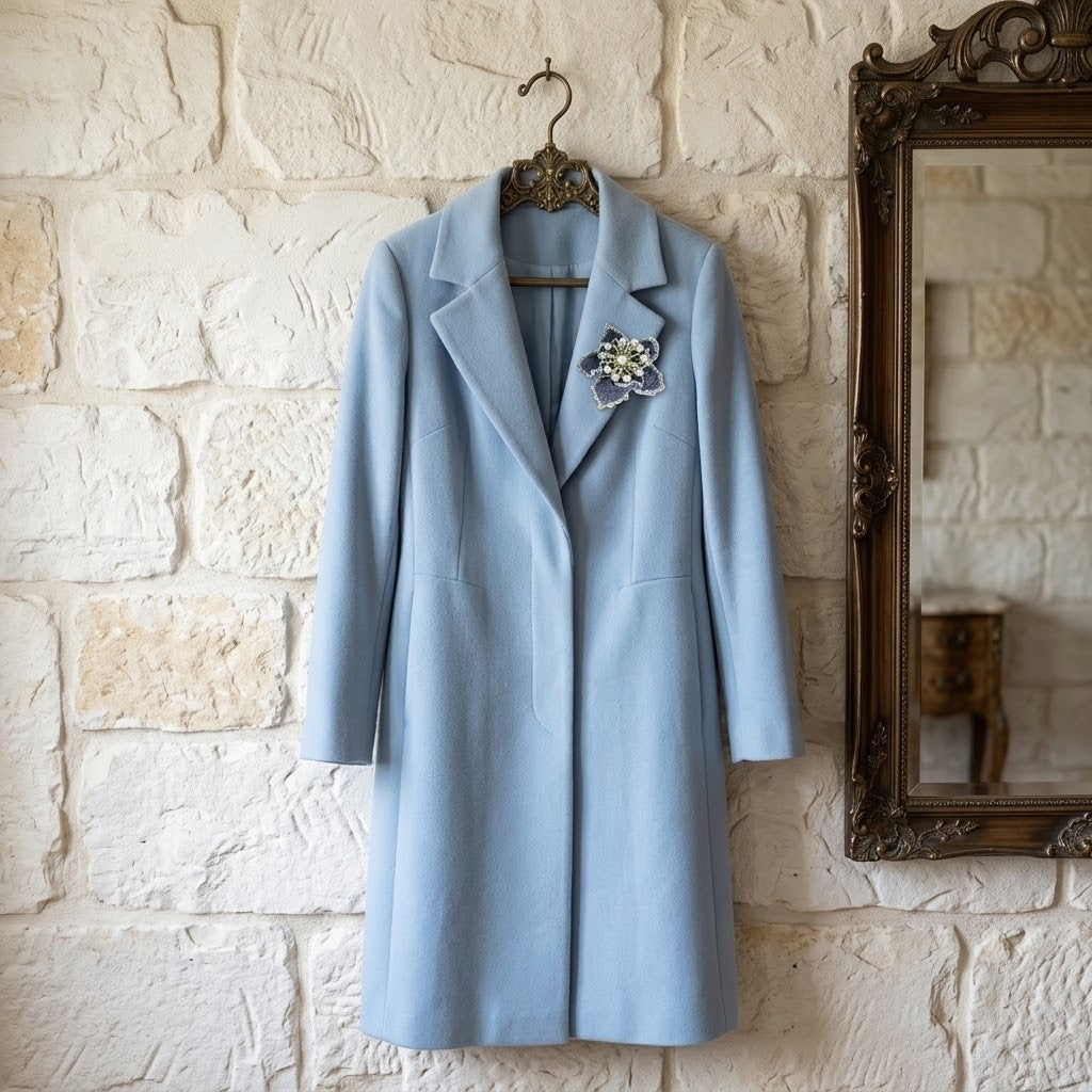 A light blue wool coat hanging on a decorative hanger against a white stone wall, featuring a floral brooch on the left lapel.