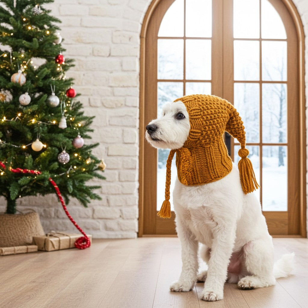 A white dog wearing a mustard yellow knit pointed hat with tassels sits indoors near a decorated Christmas tree and arched window.