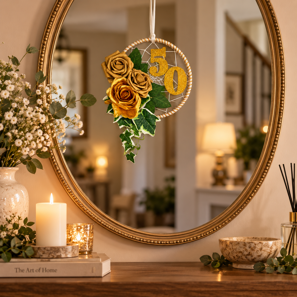 A decorative hanging ornament with three gold roses, green leaves, and a gold number 50, suspended in front of an oval mirror. The scene is styled on a wooden console table with a lit candle, books, flowers, and a bowl in a warm, cozy interior setting.