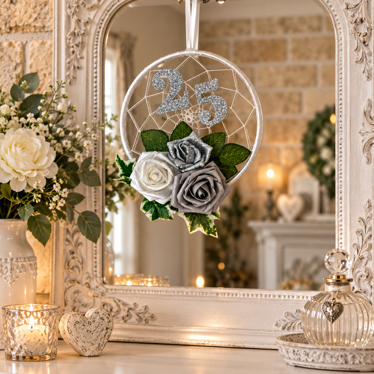 A decorative dreamcatcher-style hanging ornament with a silver glittery '25' and three fabric roses in white, gray, and green, displayed in front of an ornate white mirror on a tabletop with candles and flowers.