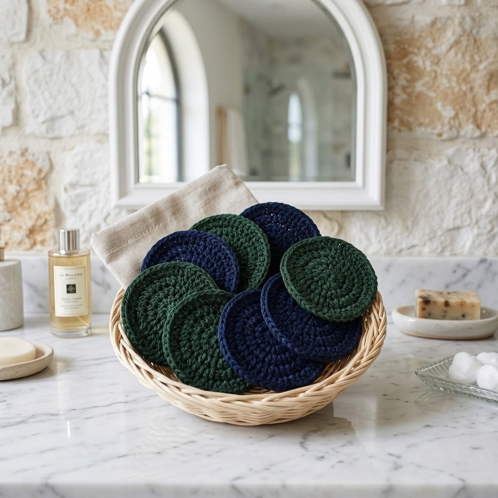 A woven basket filled with round crocheted reusable face scrubbies in navy blue and forest green, set on a marble countertop in a bathroom with a stone wall, mirror, and toiletries in the background.