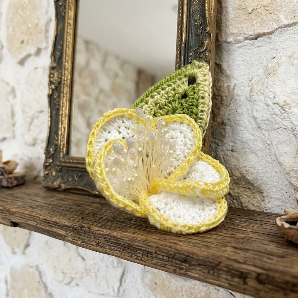 A crocheted flower-shaped brooch in white and yellow with a green leaf behind it, displayed on a rustic wooden shelf in front of an ornate mirror against a textured stone wall.