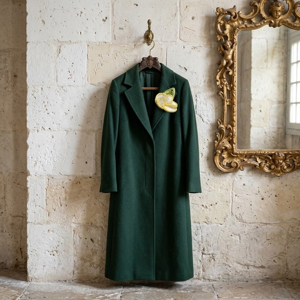 A dark forest green wool coat hangs on a wooden hanger from a brass hook on a textured stone wall, styled with a yellow-green flower accessory on the lapel.