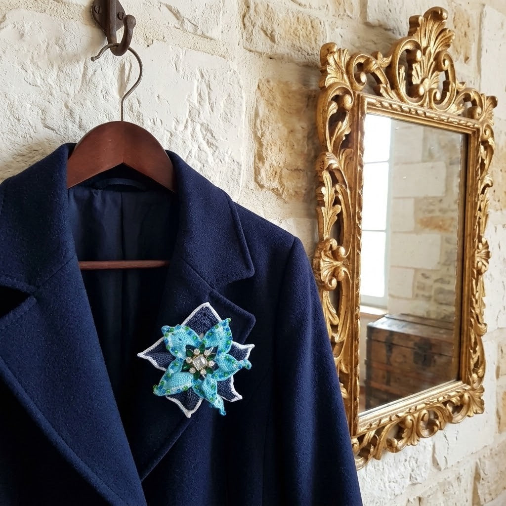 A navy blue coat hanging on a wooden hanger against a textured stone wall, featuring a decorative turquoise and white floral handmade brooch on the chest. An ornate gold mirror is visible on the right.