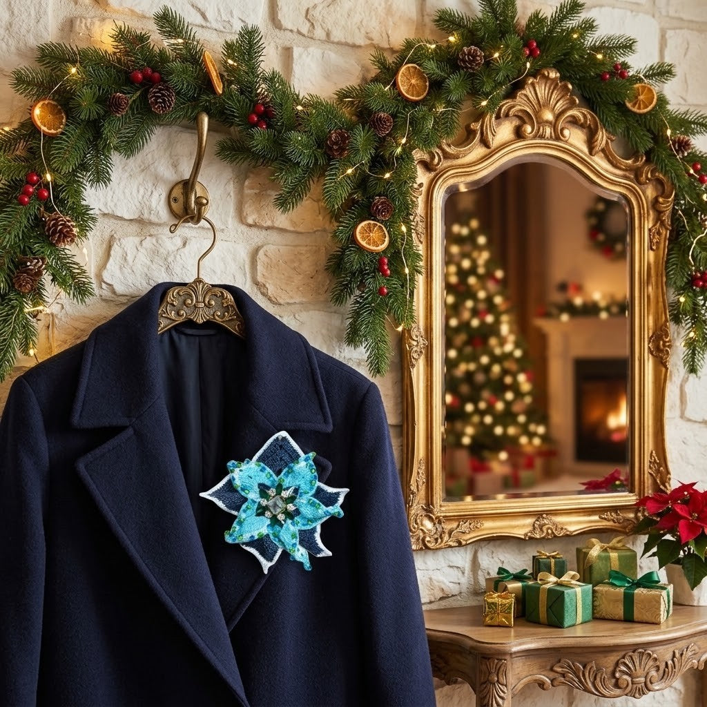 A navy blue coat hanging on a decorative hanger against a stone wall, decorated with a large blue poinsettia brooch. A gold-framed mirror reflects a Christmas tree and fireplace, with a garland and wrapped gifts below.