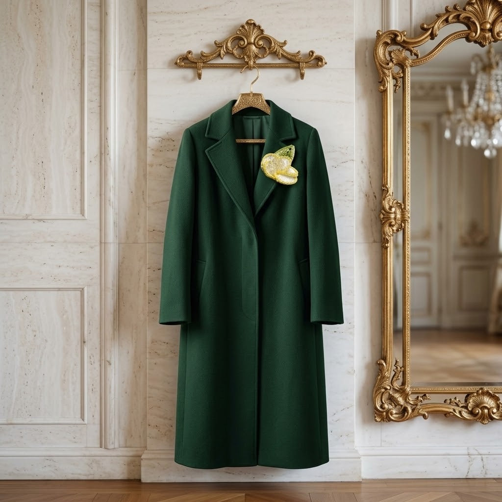 A dark forest green wool-blend coat with notched lapels hangs on a wooden hanger against a cream marble wall, decorated with a yellow-green paisley brooch. To the right is an ornate gold mirror, and to the left is a gold wall hook.