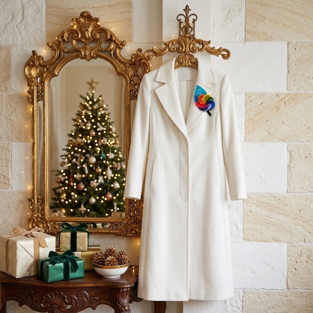 A long white coat hanging on a decorative gold hanger against a beige stone wall, with an ornate gold mirror behind it showing a Christmas tree and gift boxes on a table below. A Rainbow brooch is on the left part of the coat.
