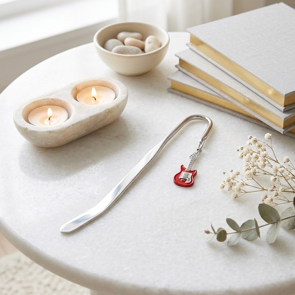 A silver metal bookmark shaped like a small red electric guitar rests on a round white table, styled with a dual-candle holder, books, pebbles, and dried flowers.