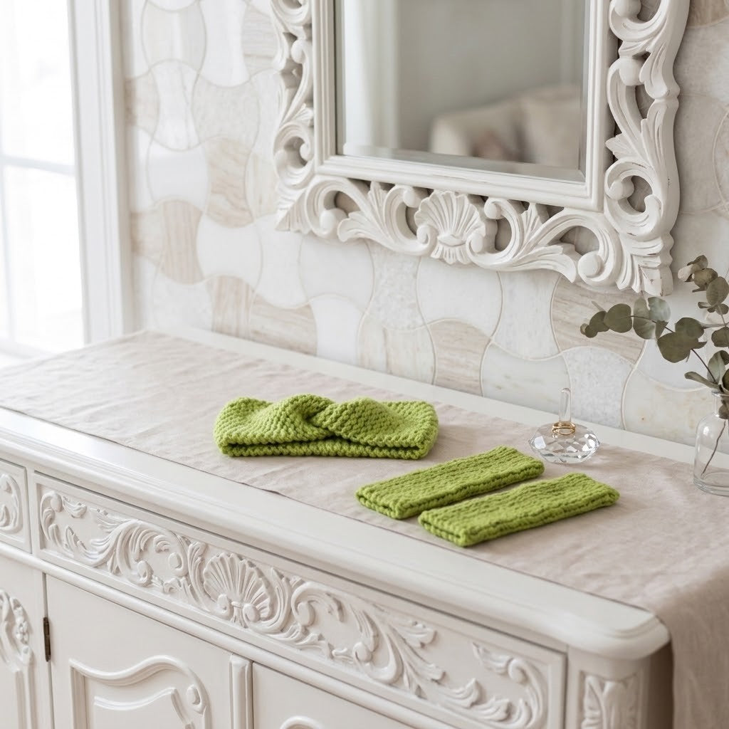 A set of three knitted accessories in a light olive green colour, including a headband and fingerless gloves, displayed on a beige tablecloth on an ornate white wooden cabinet.