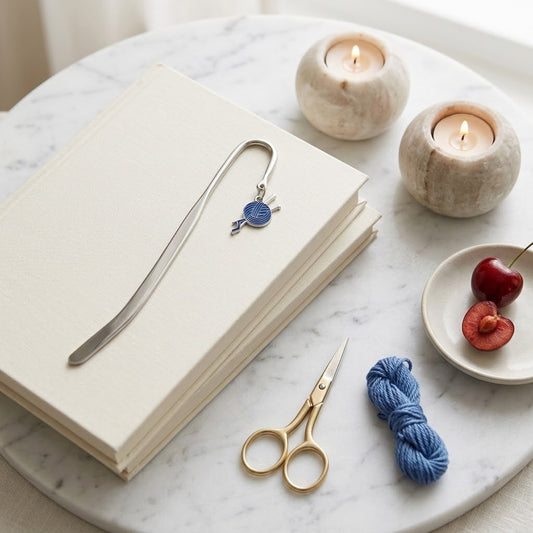 A silver metal bookmark with a small blue and white yarn-and-needle charm rests on a stack of cream-coloured books on a white marble tray. The scene is styled with gold-handled scissors, a blue skein of yarn, two lit stone candle holders, and cherries on a small dish.