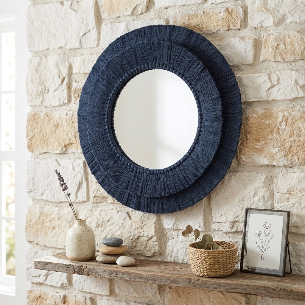A round macrame wall mirror with a wide, dark navy blue textured fabric or wood ruffled frame, hanging on a light beige stone brick wall above a rustic wooden shelf decorated with a small vase, stones, and a picture frame.
