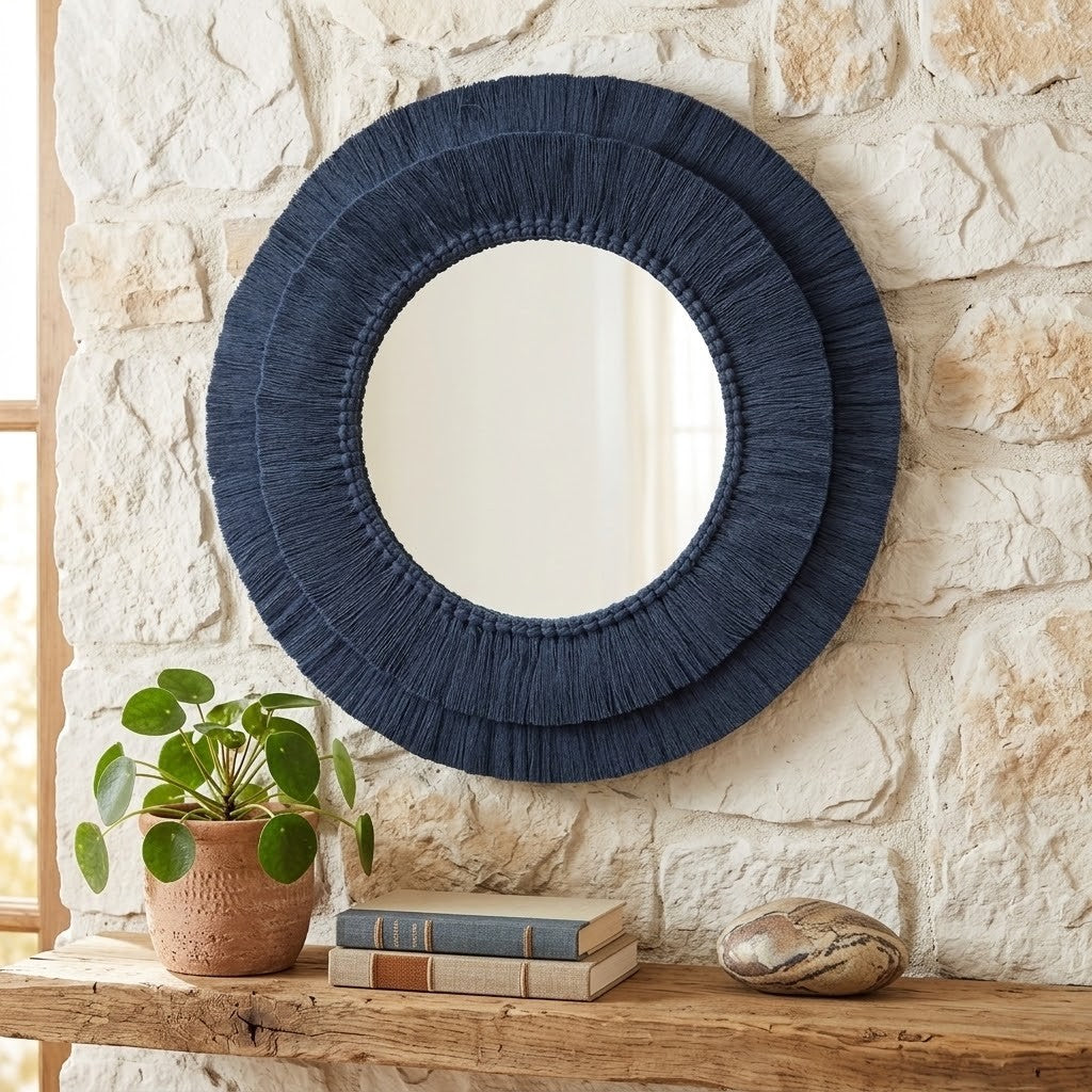 A round macrame wall mirror with a thick, textured navy blue fabric or rope-wrapped frame, hanging on a rustic white stone wall above a wooden mantel decorated with a potted plant, books, and a decorative stone.