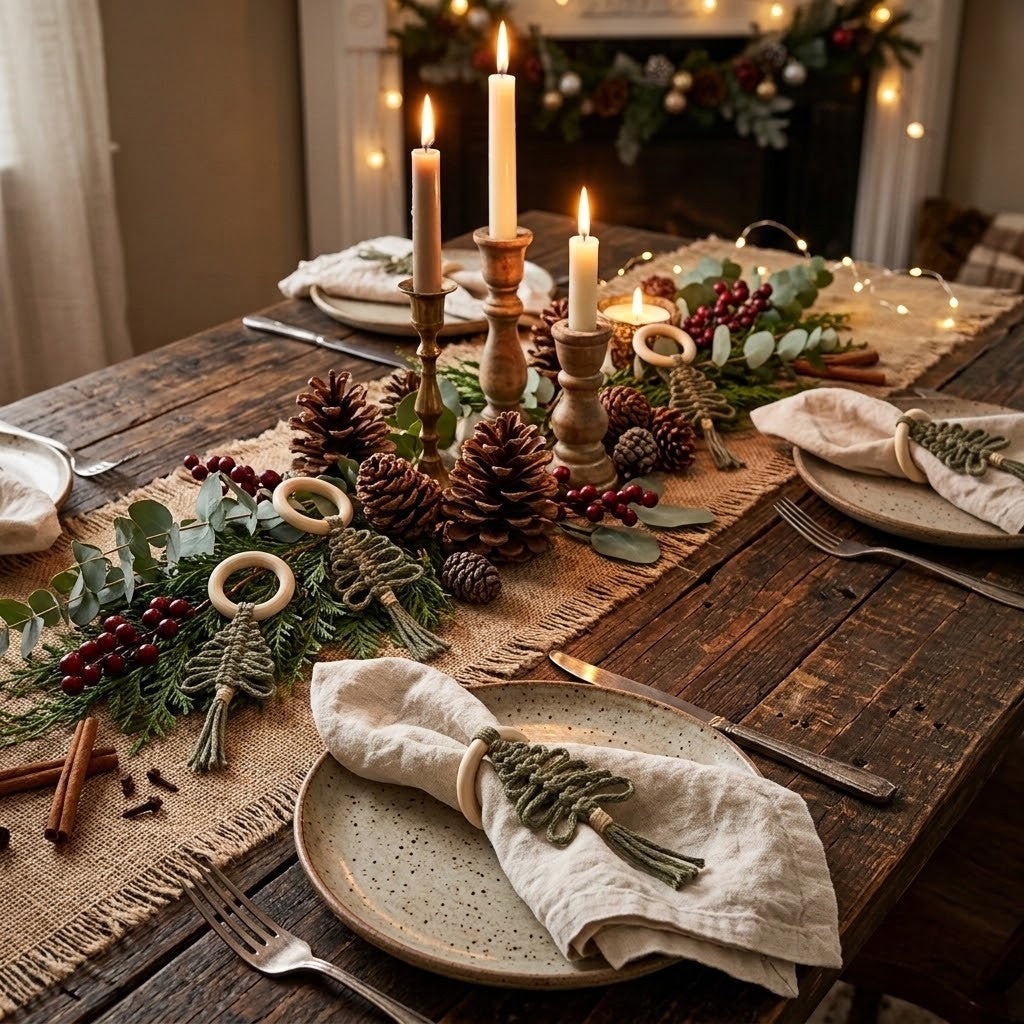 A rustic holiday table setting with a burlap runner, pinecones, evergreen garlands, lit candles, and cream linen napkins with decorative tree toppers on a dark wooden dining table.